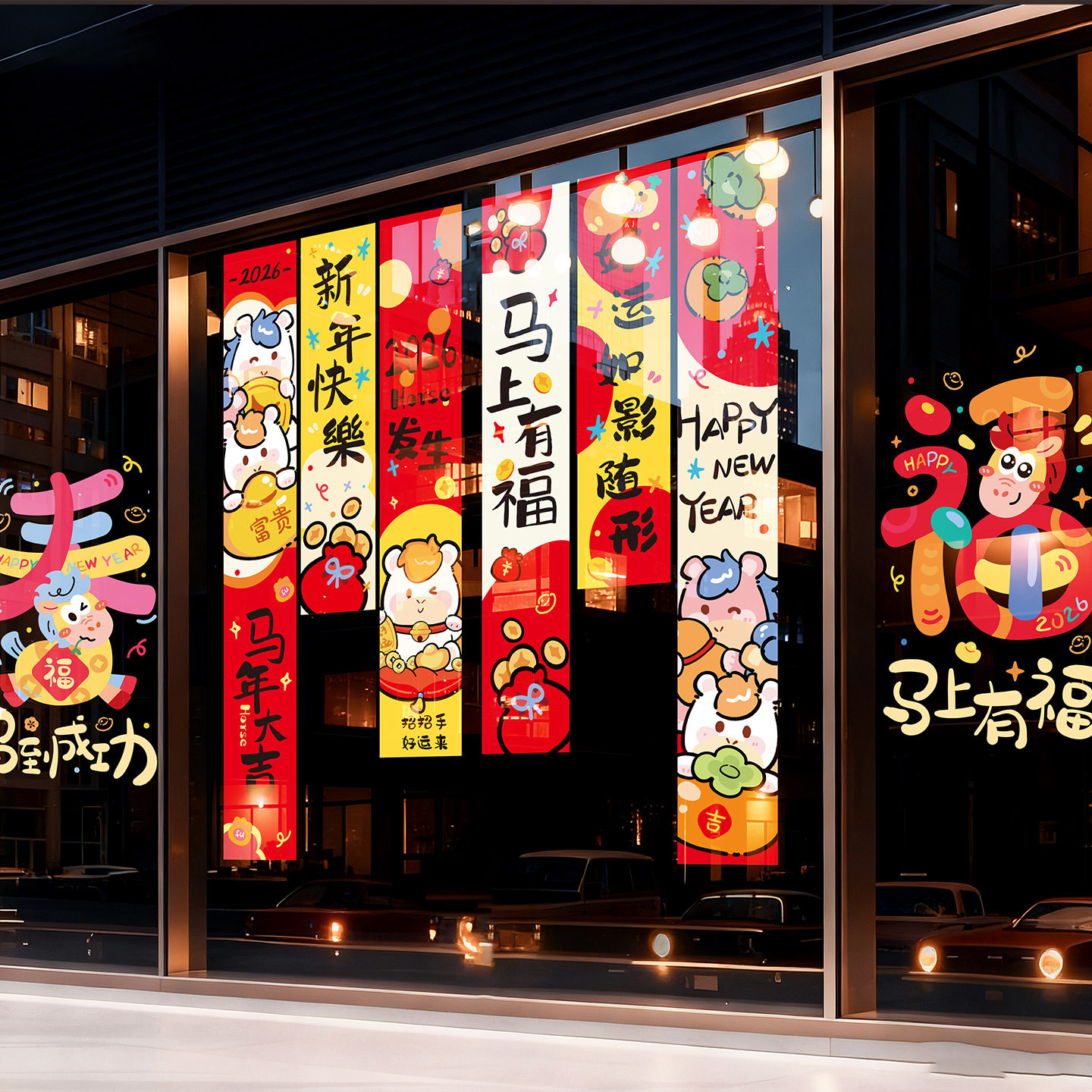 2026马年新年春节卡通福字玻璃贴店铺装饰布置静电贴喜庆软装墙贴