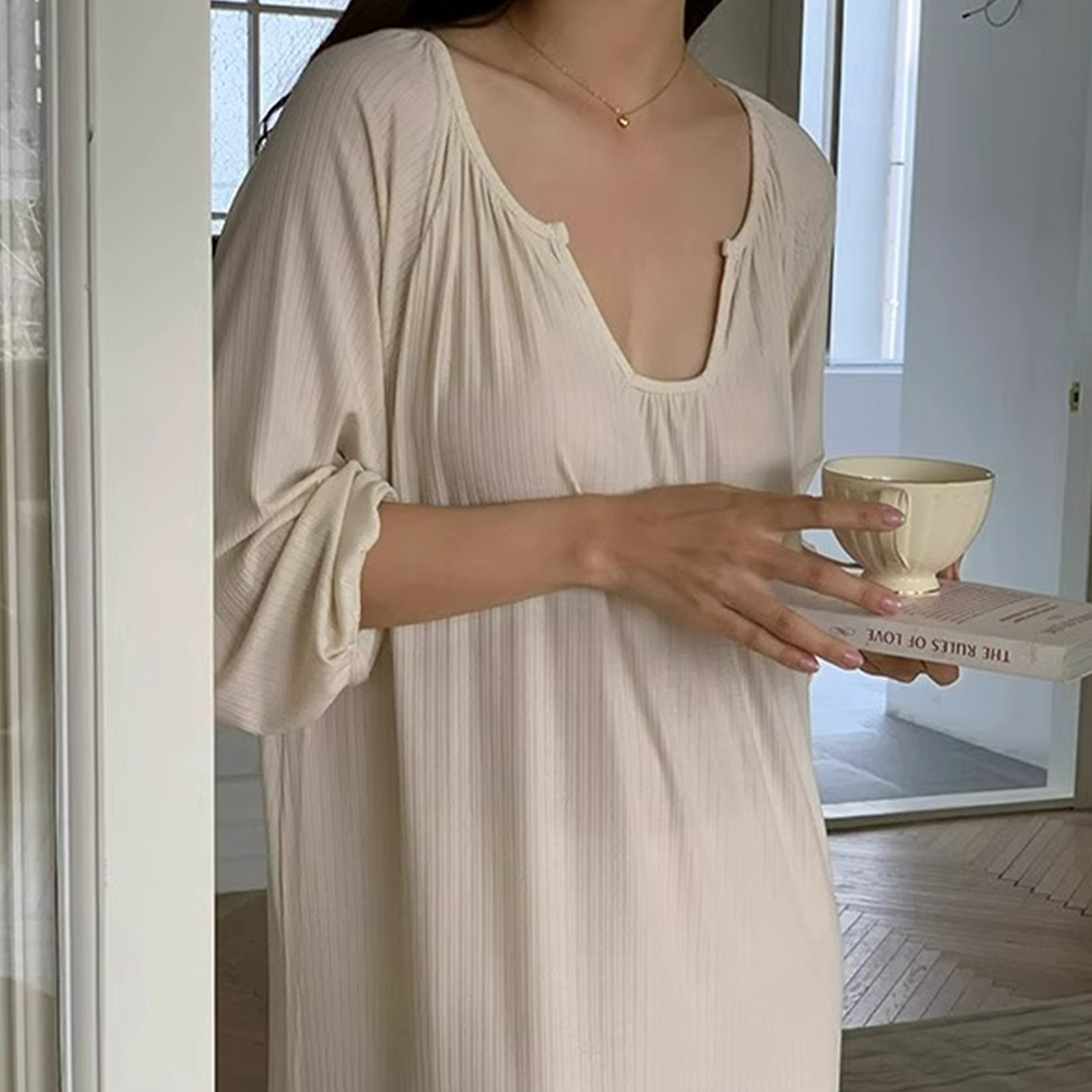 莫代尔睡裙女款春秋大码宽松性感过膝高级感睡衣长袖小个子家居服