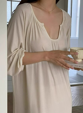 莫代尔睡裙女款春秋大码宽松性感过膝高级感睡衣长袖小个子家居服