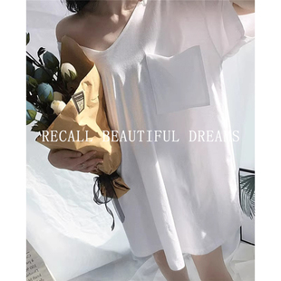 家居服长款 睡衣女夏季 t恤睡裙一体式 宽松白色短袖 纯棉性感深V大码