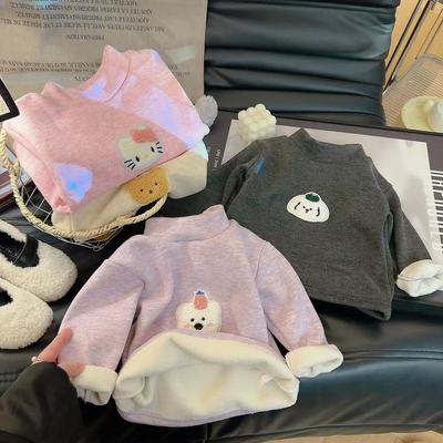 儿童半高领加绒加厚打底衫宝宝保暖上衣男女童一体绒内穿卫衣冬款