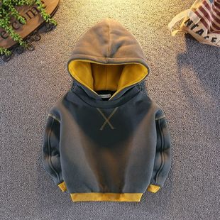 男童加绒卫衣2026秋冬新款儿童连帽上衣男女宝宝帅气加厚外套潮