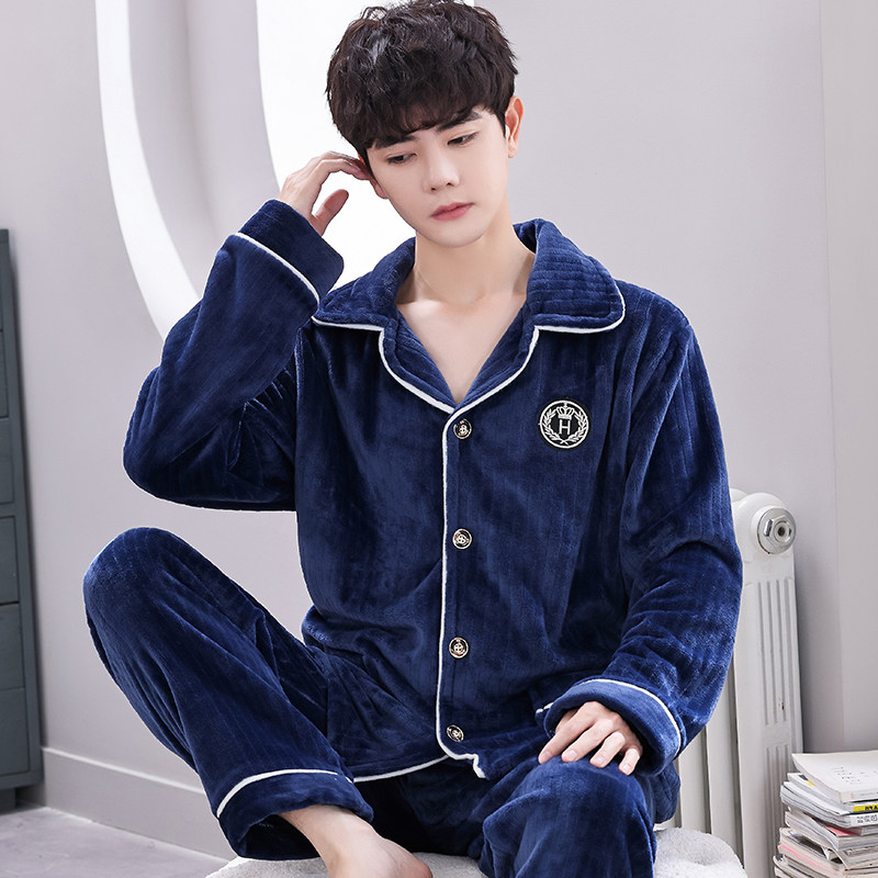 男士睡衣秋冬款珊瑚绒加厚加绒冬睡衣/家居服套装