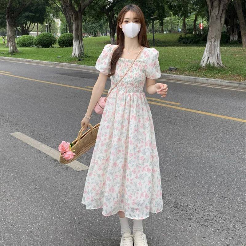 碎花连衣裙女方领甜美收腰显瘦初恋裙子ins超仙学生森系仙女裙夏