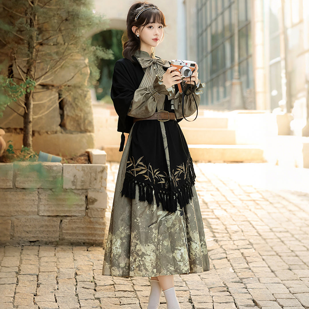 新款新中式长袖连衣裙国风套装