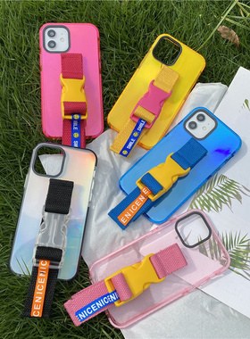 ins夏日荧光撞色腕带适用苹果17 Pro max手机壳iPhone16 15创意支架14 13 12 11少女紫色粉色小众设计缝线