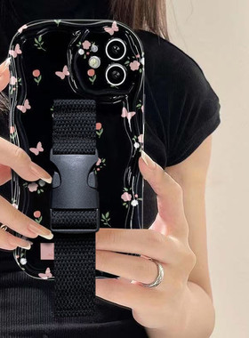 ins小蝴蝶花朵适用苹果17 16 15腕带手机壳iPhone14 13 12华为mate60 pro pura70支架三星小米15定制型号