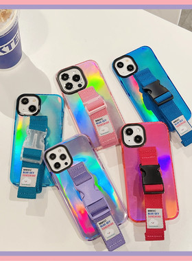 小红书推荐紫色腕带适用苹果16 15 pro max手机壳iphone14 13斜挎支架12 11镭射mini创意小众缝线