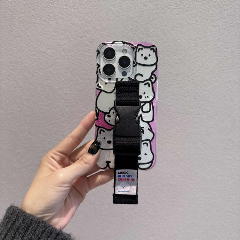 小红书线条狗适用苹果17 16 15腕带手机壳iPhone14 13 12少女粉色华为mate60pro 70支架支架小米15定制型号