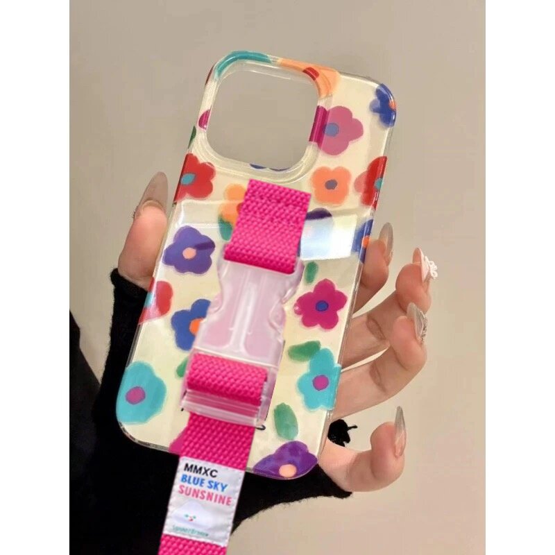 ins春日高级感韩风花朵腕带适用苹果17 Pro Max手机壳16 15原创创意支架13 14小染少女缝线橙色腕带