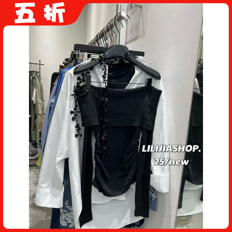 【五折】纯欲飘带一字肩黑色长袖针织衫修身显瘦露肩上衣配飘带