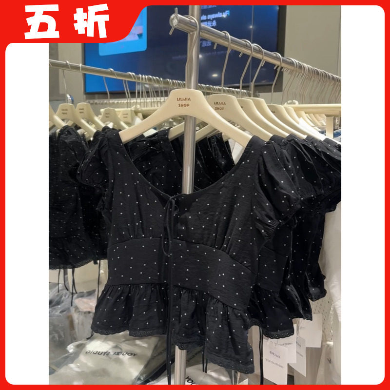 【五折】法式泡泡袖雪纺上衣女夏季芭蕾风收腰独特设计感短袖上衣