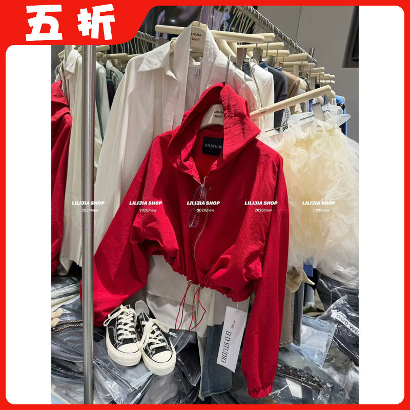 【五折】2026新款韩版时尚百搭显瘦高级感气质红色短款夹克外套女
