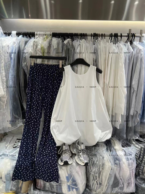 Miss家 甜酷风套装白色蓬蓬背心女装夏季碎花微喇裤休闲裤两件套