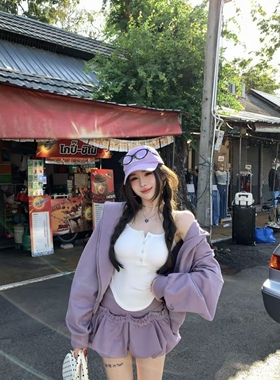 Miss家 紫色甜酷连帽长袖开衫卫衣女小个子花苞短裙两件套套装