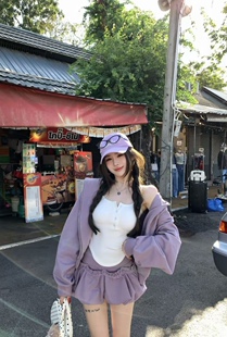 Miss家 紫色甜酷连帽长袖开衫卫衣女小个子花苞短裙两件套套装