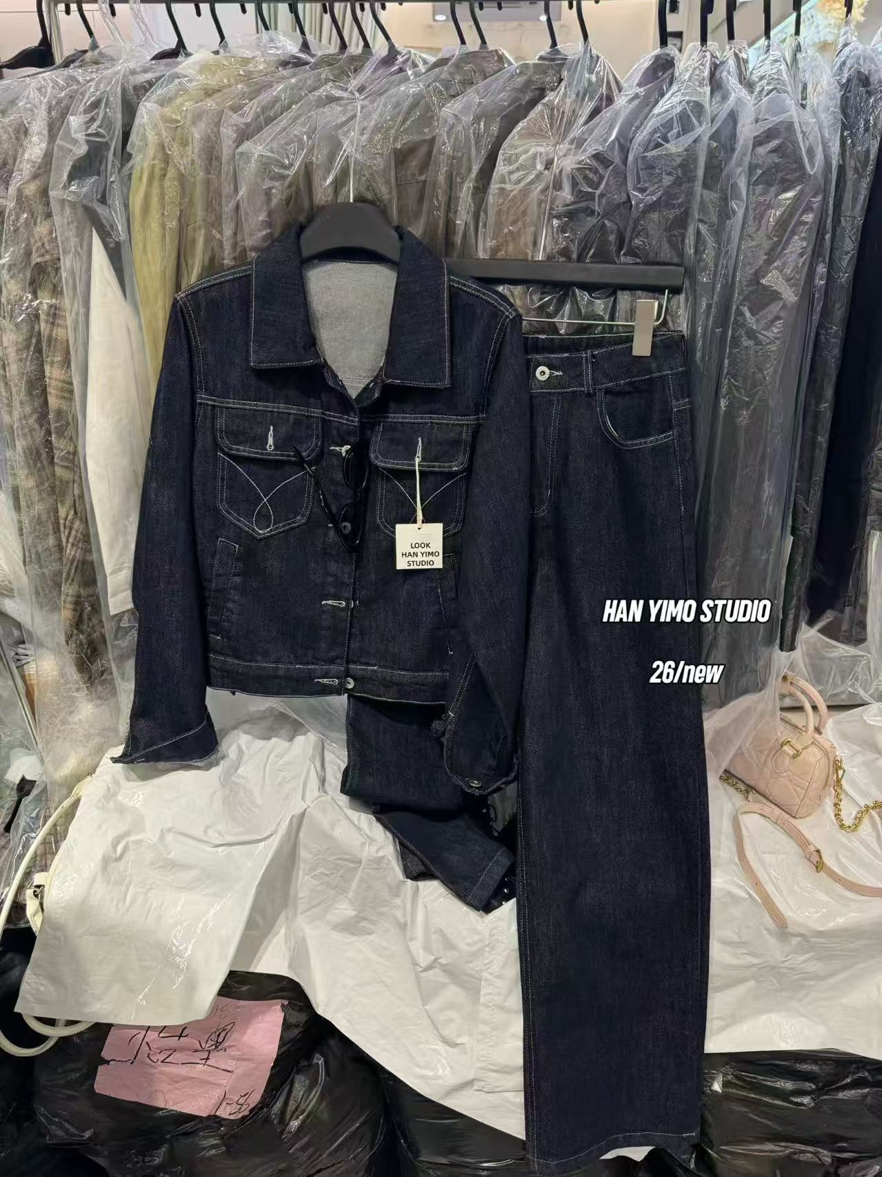 Miss家 美式深蓝牛仔套装撞色牛仔外套修身显瘦直筒裤时尚两件套