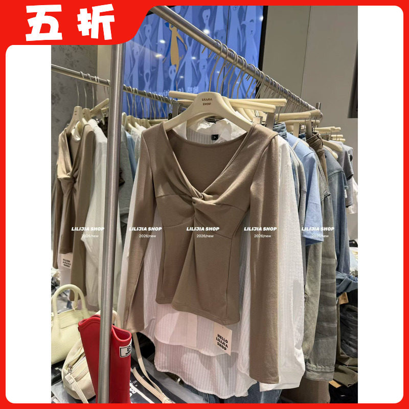 【五折】2026春韩版时尚百搭显瘦V领长袖T恤女纽结打底衫辣妹上衣