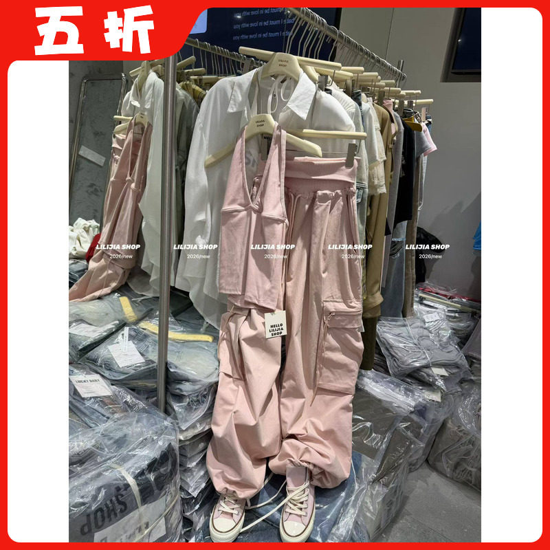 【五折】26夏季新款洋气挂脖吊带背心+百搭显瘦工装裤阔腿裤套装