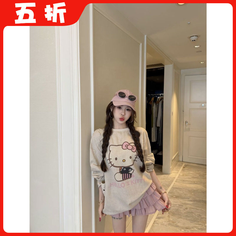 【五折】2026夏季可爱卡通猫咪印花长袖T恤麻料宽松休闲上衣女