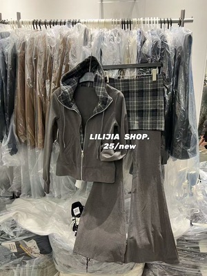 Miss家 复古格纹拼接连帽长袖卫衣女秋显瘦套装微喇叭休闲裤套装