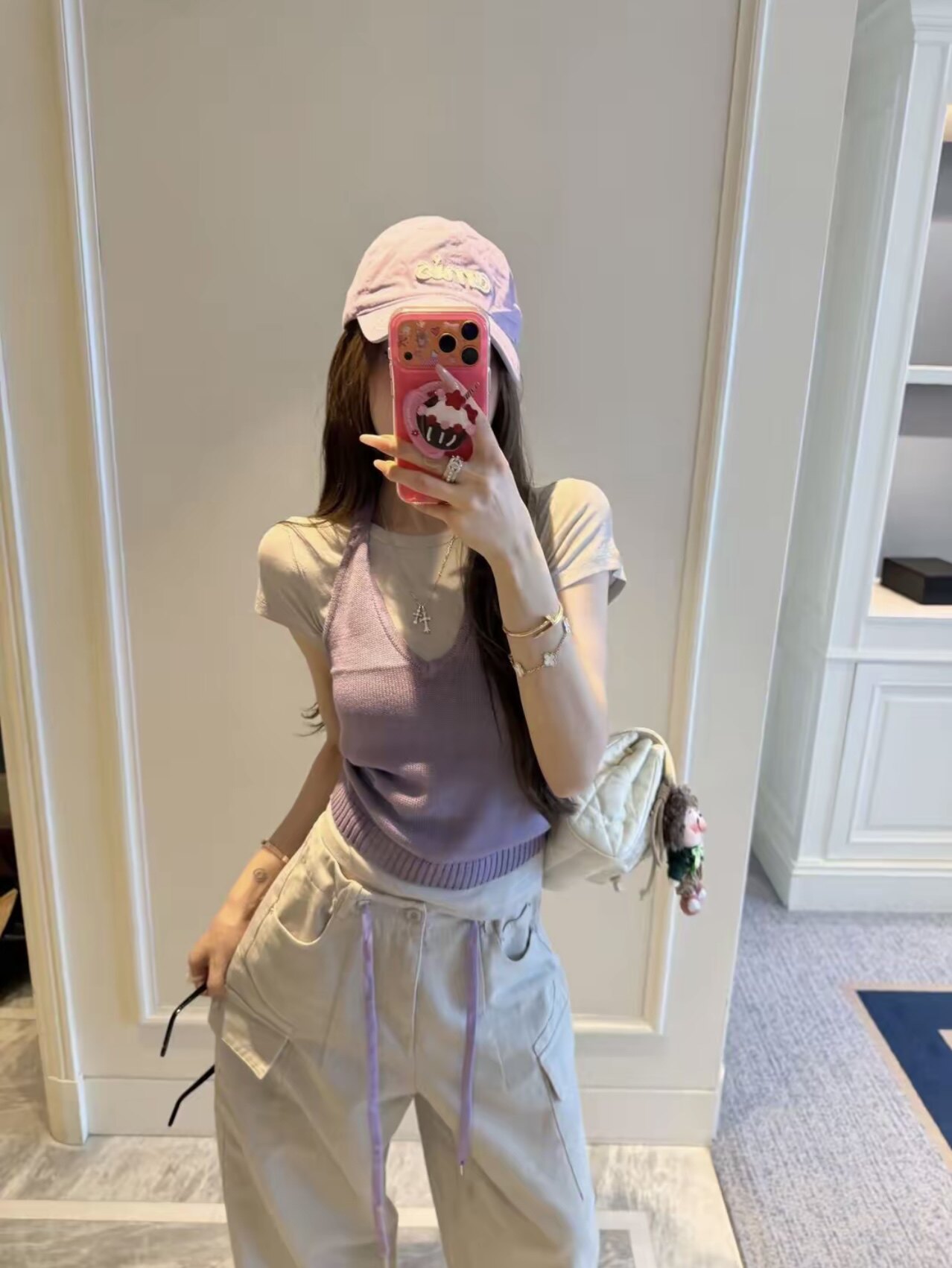 Miss家 韩版时尚百搭显瘦纯色短袖T恤+挂脖针织背心两件套女