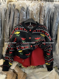 Miss家 女2025冬慵懒风宽松软糯毛衣外套上衣 复古提花针织开衫