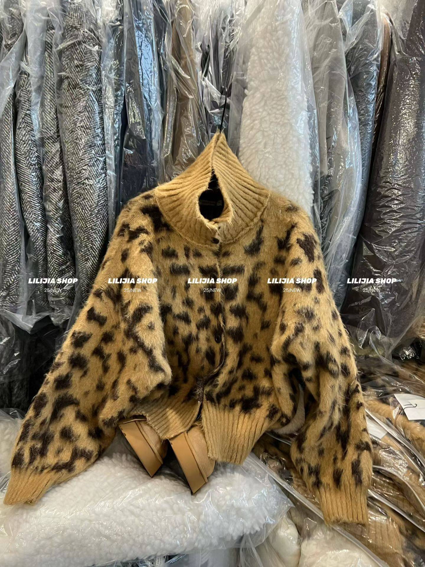 Miss家 2025冬季新款韩版宽松显瘦百搭豹纹针织开衫毛衣外套女