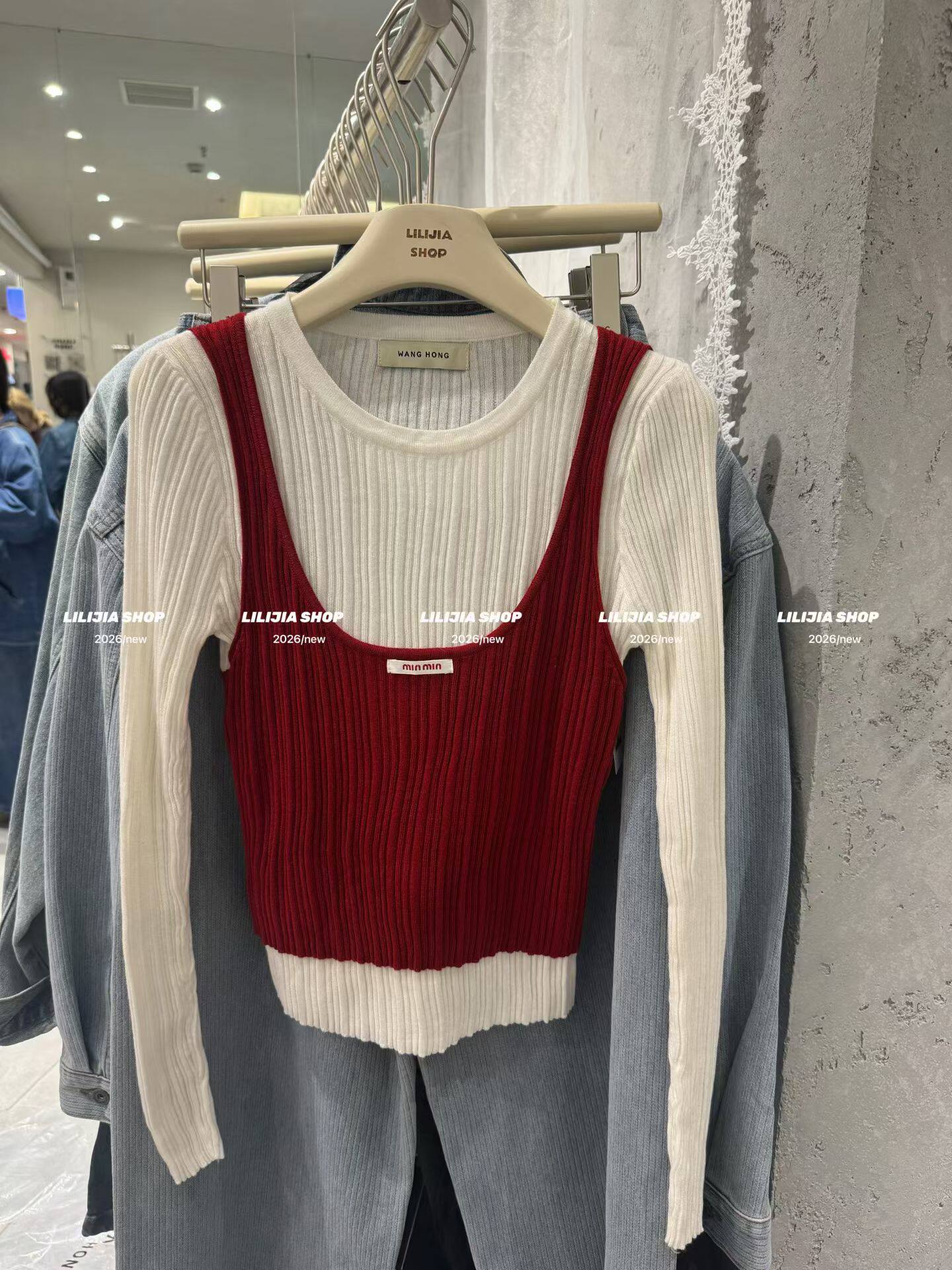 Miss家 2026早春新款撞色假两件薄款针织衫显瘦洋气上衣女