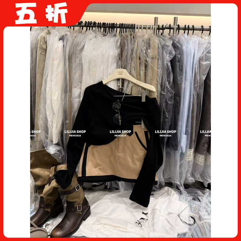 【五折】美式撞色卡其色短裙女早秋季工装风黑边撞色装饰半身裙