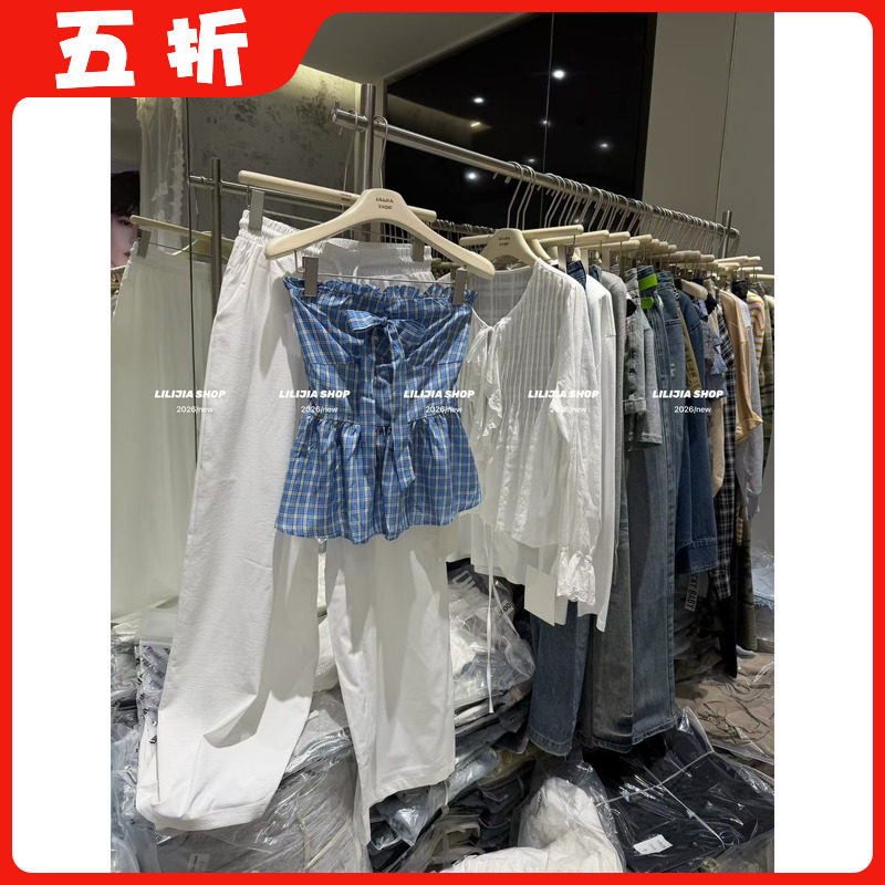 【五折】2026夏季韩版时尚百搭宽松显瘦格纹抹胸背心女阔腿裤套装