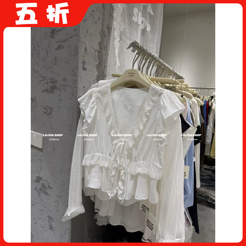 【五折】2026夏季韩版V领小衫上衣时尚减龄短袖蕾丝拼接雪纺上衣