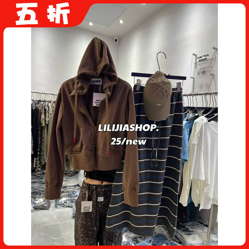 【五折】秋韩版时尚百搭显瘦连帽拉链长袖卫衣外套条纹一步裙套装