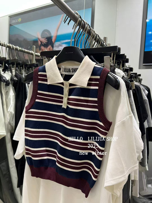 Miss家 2025夏季新款韩版复古甜妹POLO领撞色条纹无袖冰丝背心女