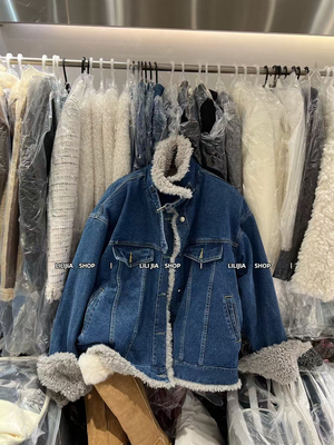 Miss家 韩版复古翻领牛仔羊羔毛外套女秋冬新款宽松加厚机车棉服