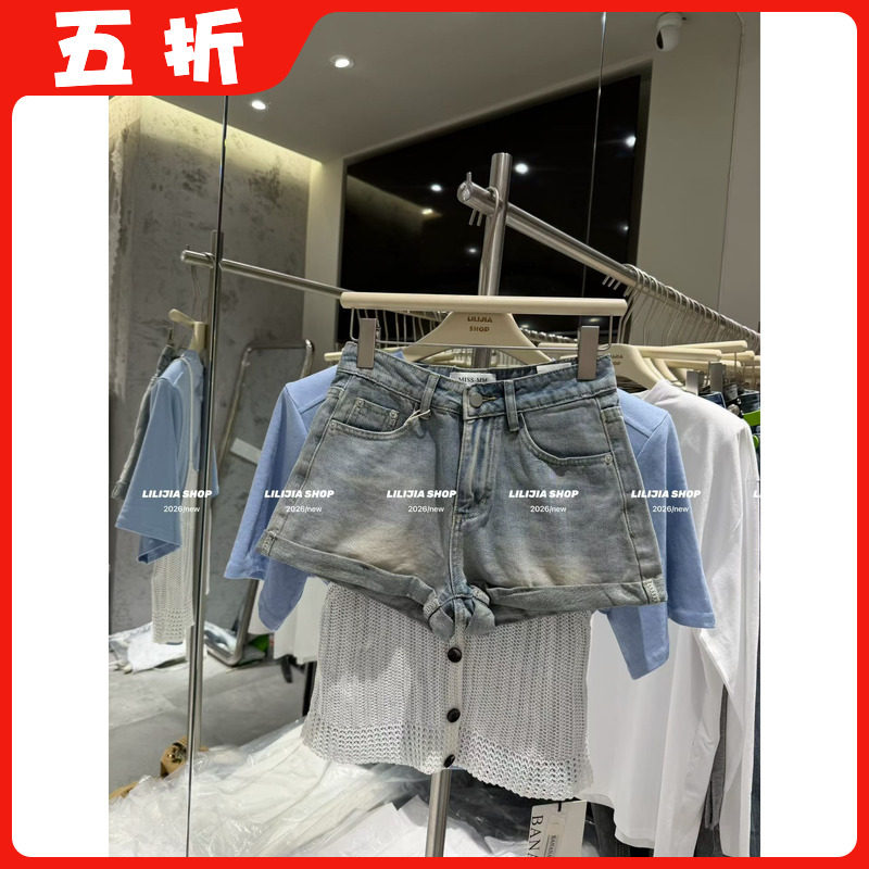 【五折】26夏新款韩版时尚百搭宽松显瘦高腰A字休闲牛仔卷边短裤