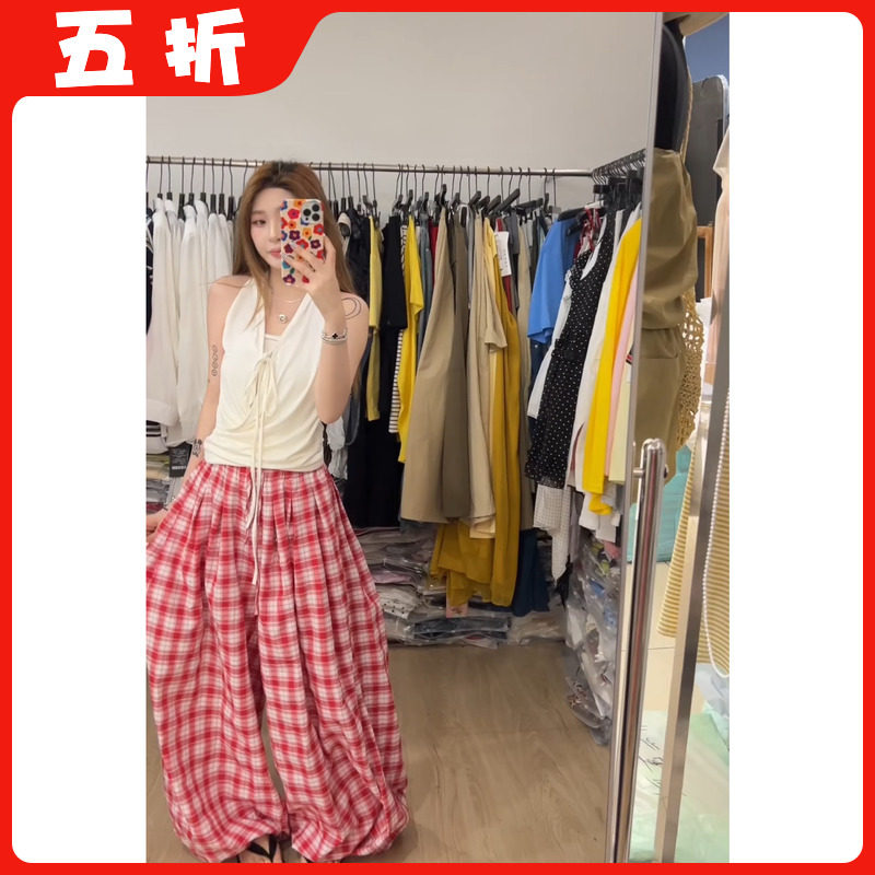 【五折】26夏季新款时尚百搭格子阔腿裤女松紧腰灯笼裤收口长裤女
