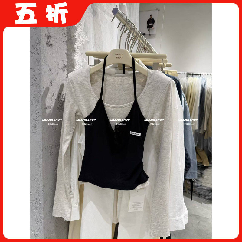 【五折】26新款韩版时尚百搭显瘦拼接假两件长袖T恤女修身打底衫