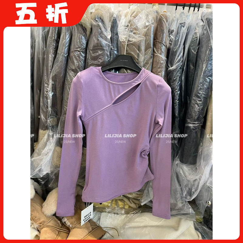 【五折】小心机 不规则镂空长袖t恤女斜领内搭加绒打底衫修身上衣