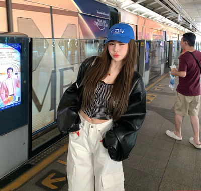 Miss家 2026春季新款韩版宽松休闲百搭设计感短款拉链皮衣外套女