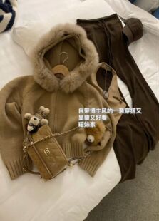 百搭宽松显瘦环保毛毛连帽毛衣外套女 时尚 Miss家2025秋冬新款 韩版