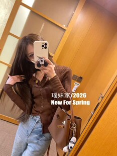 Miss家 美拉德复古咖色假两件针织衫女修身设计感百搭开衫上衣