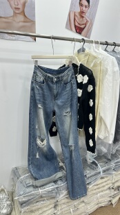 高腰宽松显瘦拖地裤 Miss家 女新款 复古水洗破洞阔腿牛仔裤 子 美式
