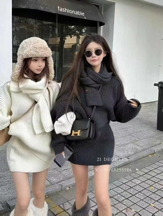Miss家 2025秋冬韩版时尚百搭宽松针织毛衣+半身裙配围巾三件套