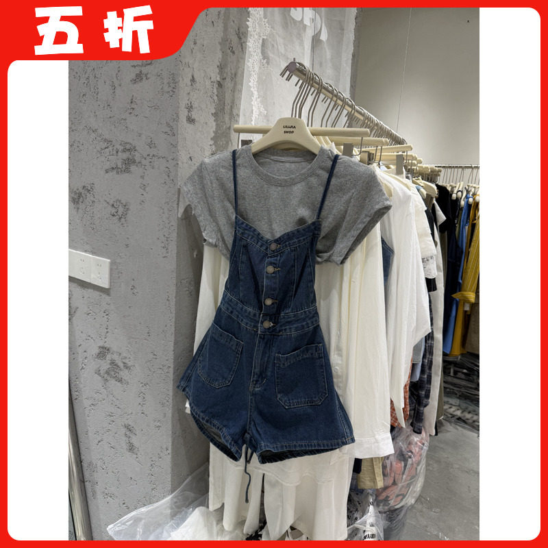 【五折】韩系吊带牛仔连体短裤女夏减龄设计感气质高腰显瘦连体衣