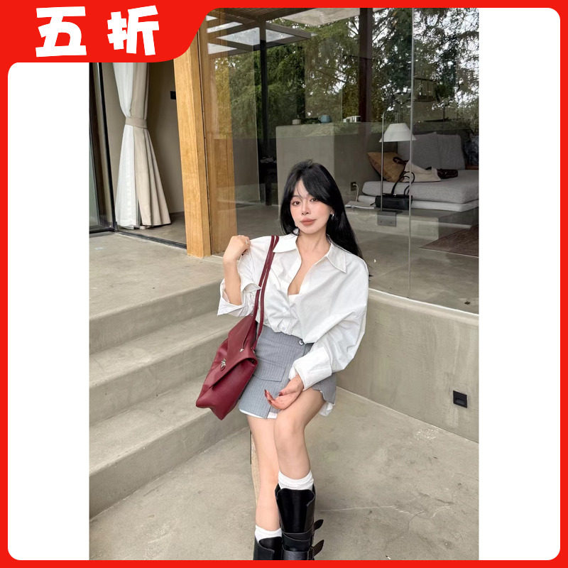 【五折】26秋季新款韩版时尚百搭翻领长袖衬衫+条纹裙屁帘套装女