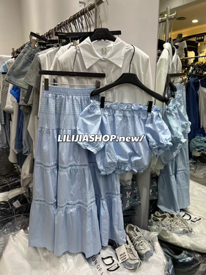 Miss家 2025夏新款韩版一字肩短袖百搭显瘦衬衫+半身裙两件套套装