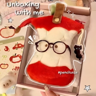 可爱红苹果毛绒创意笔袋高颜值大容量初高中女学生文具笔筒文具盒