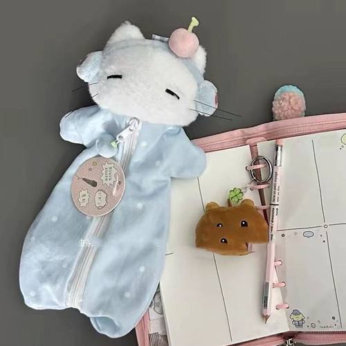 樱桃耳机猫奶蓝毛绒笔袋少女心甜心学生ins可爱女生收纳铅笔袋子