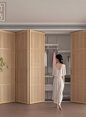 开放式衣柜门藤编折叠推拉平移日式衣柜门楠竹实木百叶衣帽间门